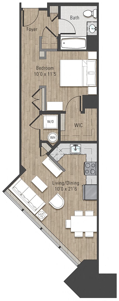 Floor plan for 1 bed, 1 bath, 730 sqft